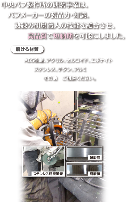 東京都内のバフ研磨屋 樹脂研磨 アルミ研磨 真鍮研磨を得意とし鏡面仕上げまで行います